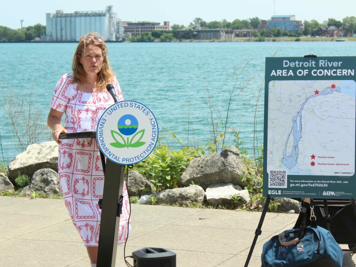 EPA official Anne Vogel speaks on the Detroit riverfront.