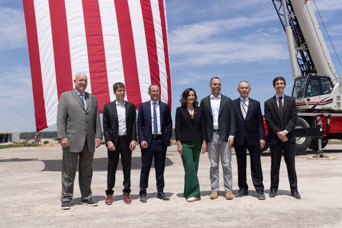Gov. Gretchen Whitmer stands with executives at the Saline data center groundbreaking.