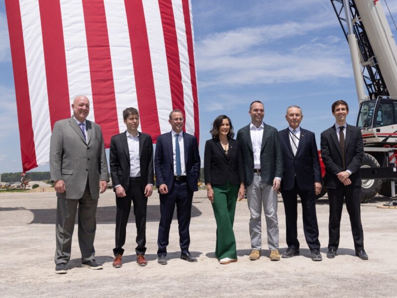 Gov. Gretchen Whitmer stands with executives at the Saline data center groundbreaking.