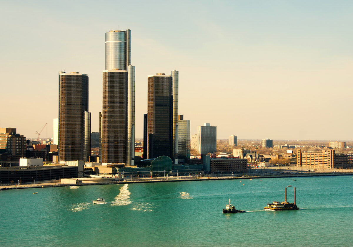 Detroit riverfront with Renaissance Center