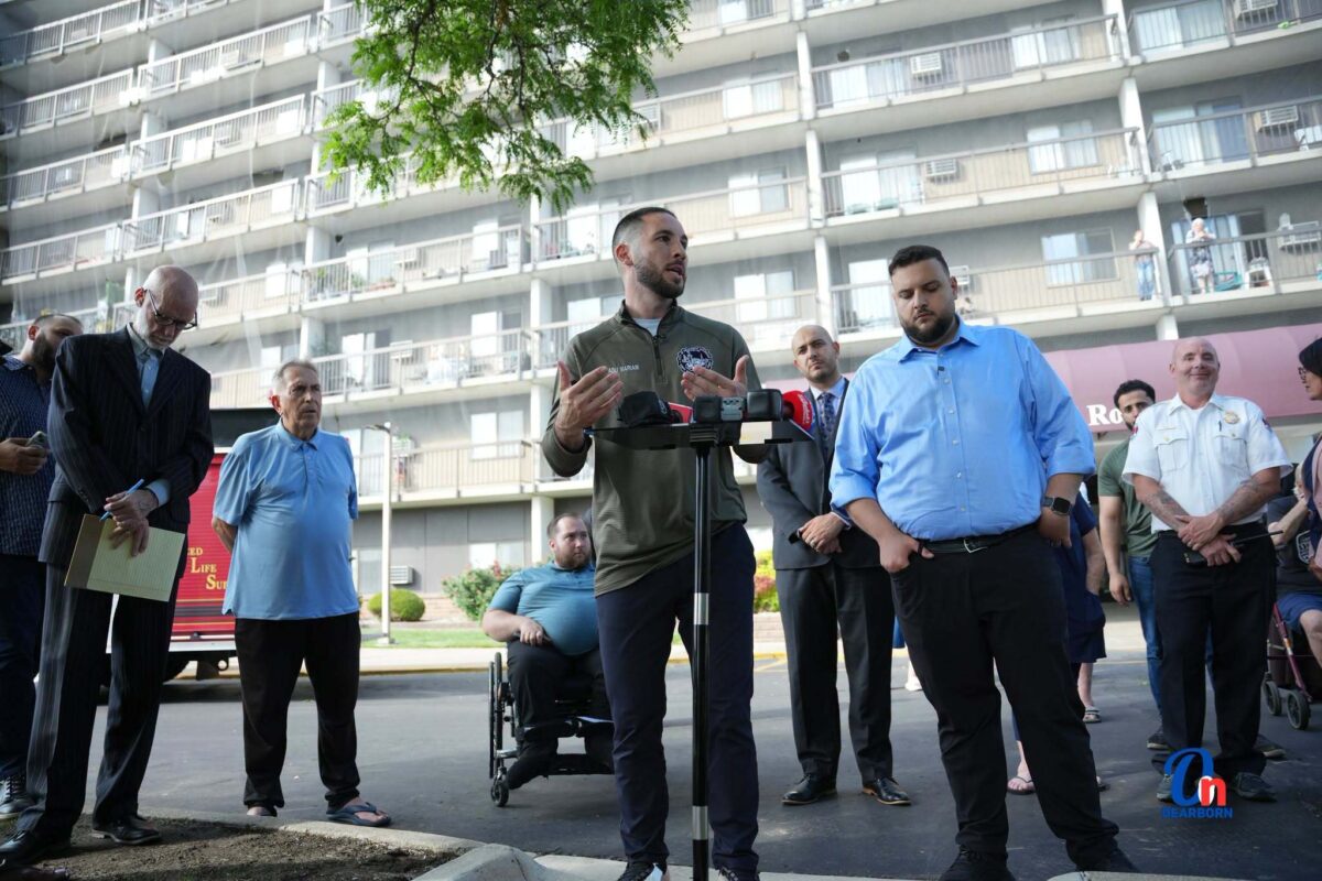 Dearborn Mayor Abdullah Hammoud and state Rep. Alabas Farhat at press conference on DTE outage in Dearborn.