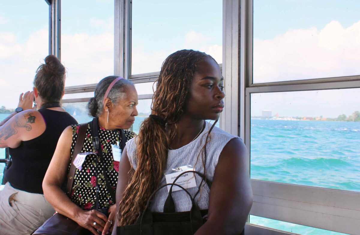 Erma Leaphart and Juliett Knight on Detroit River restoration tour.