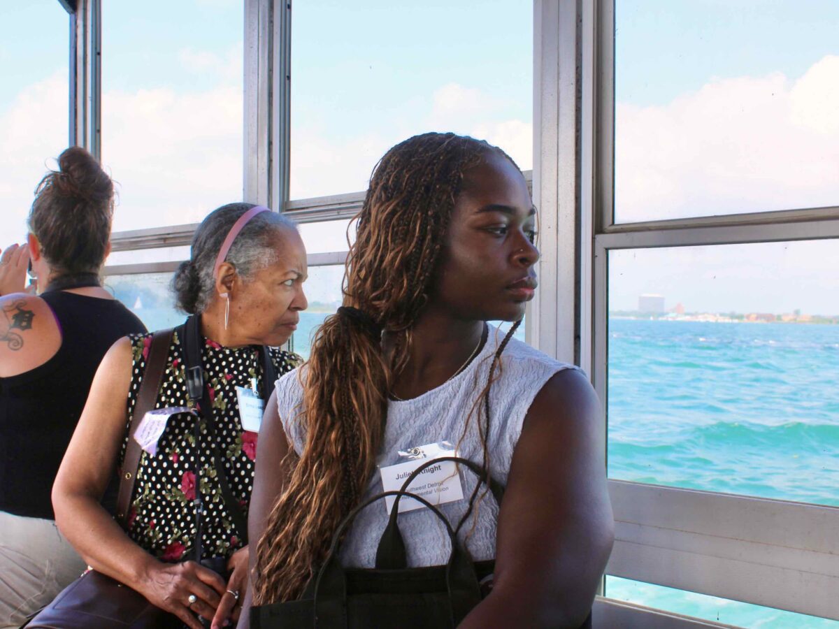 Erma Leaphart and Juliett Knight on Detroit River restoration tour.