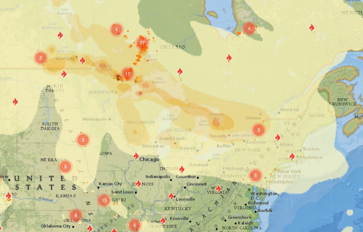 A wildfire smoke forecast map.