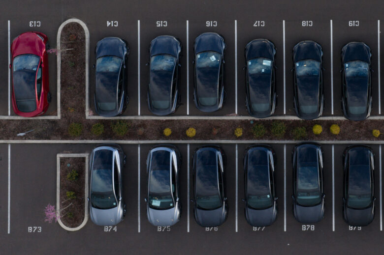 Aerial view of parked Tesla EVs