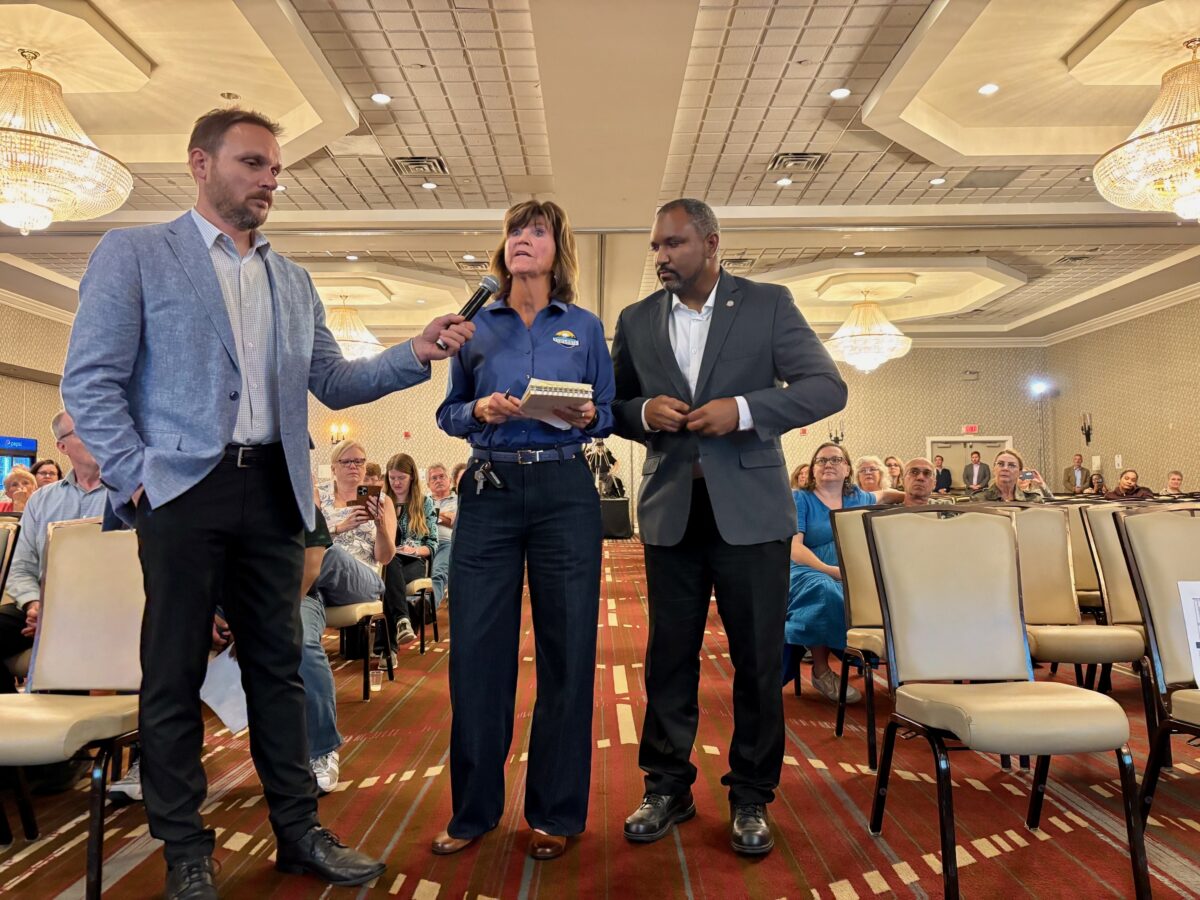 Ypsilanti Township Supervisor Brenda Stumbo and state Rep. Jimmie Wilson Jr. at a town hall meeting on the proposed Ypsilanti Township data center.