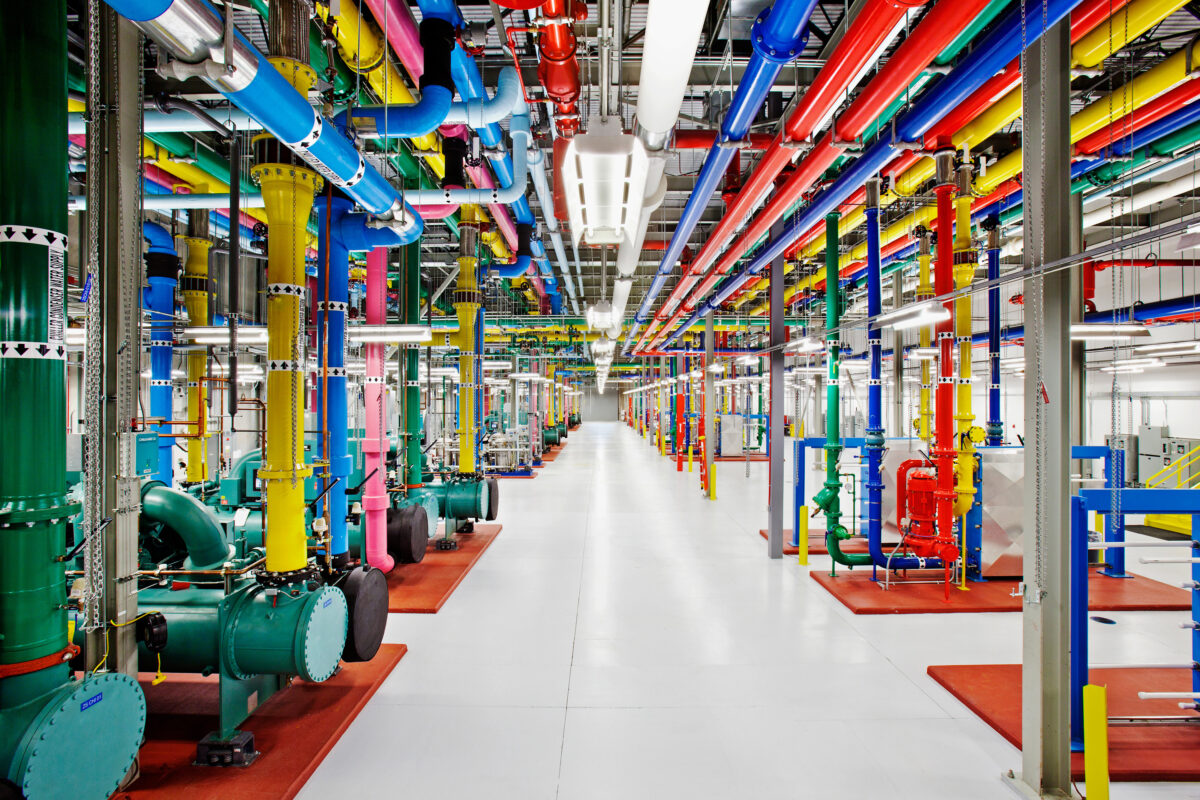 Brightly colored pipes inside Google data center