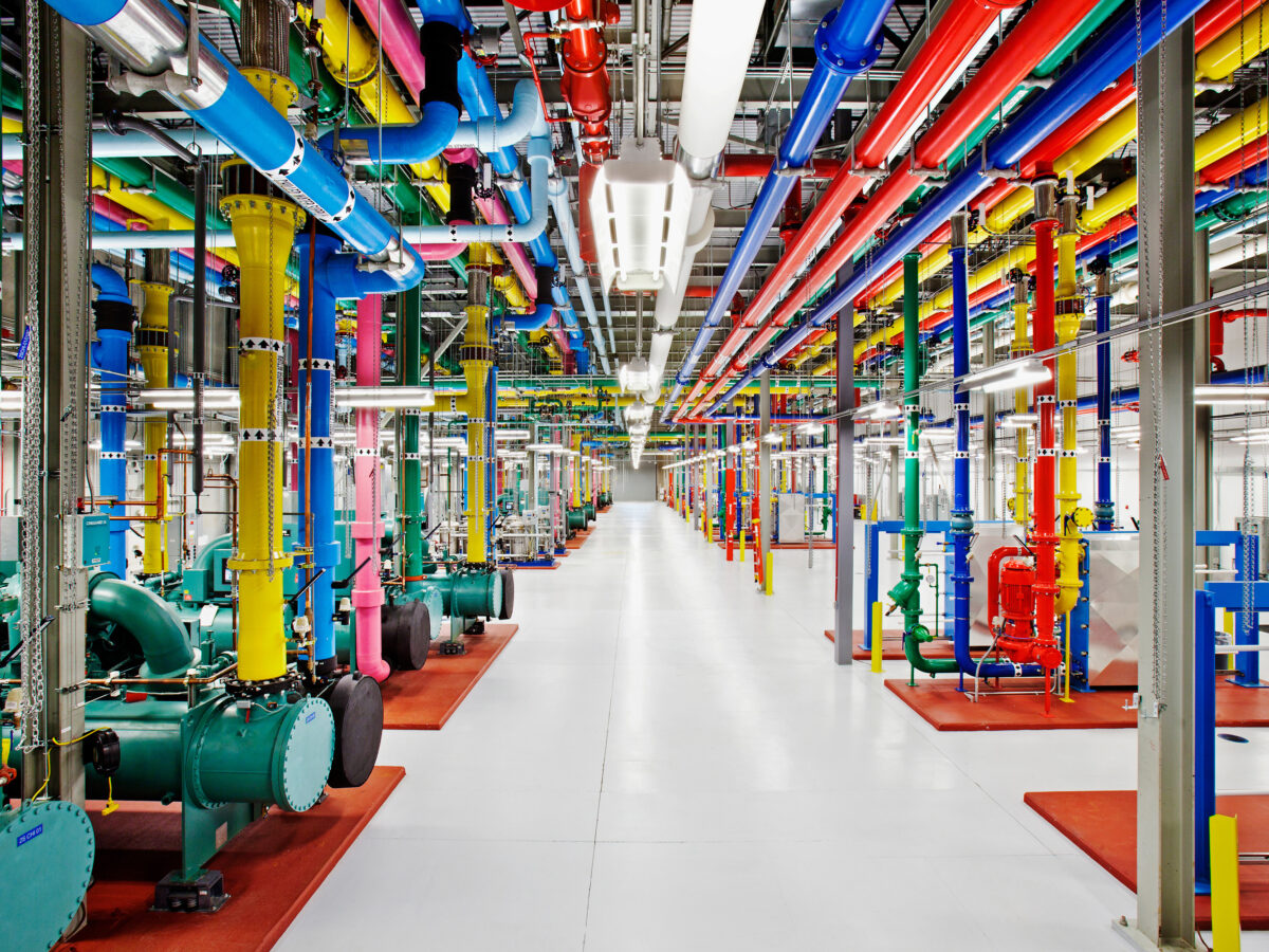 Brightly colored pipes inside Google data center